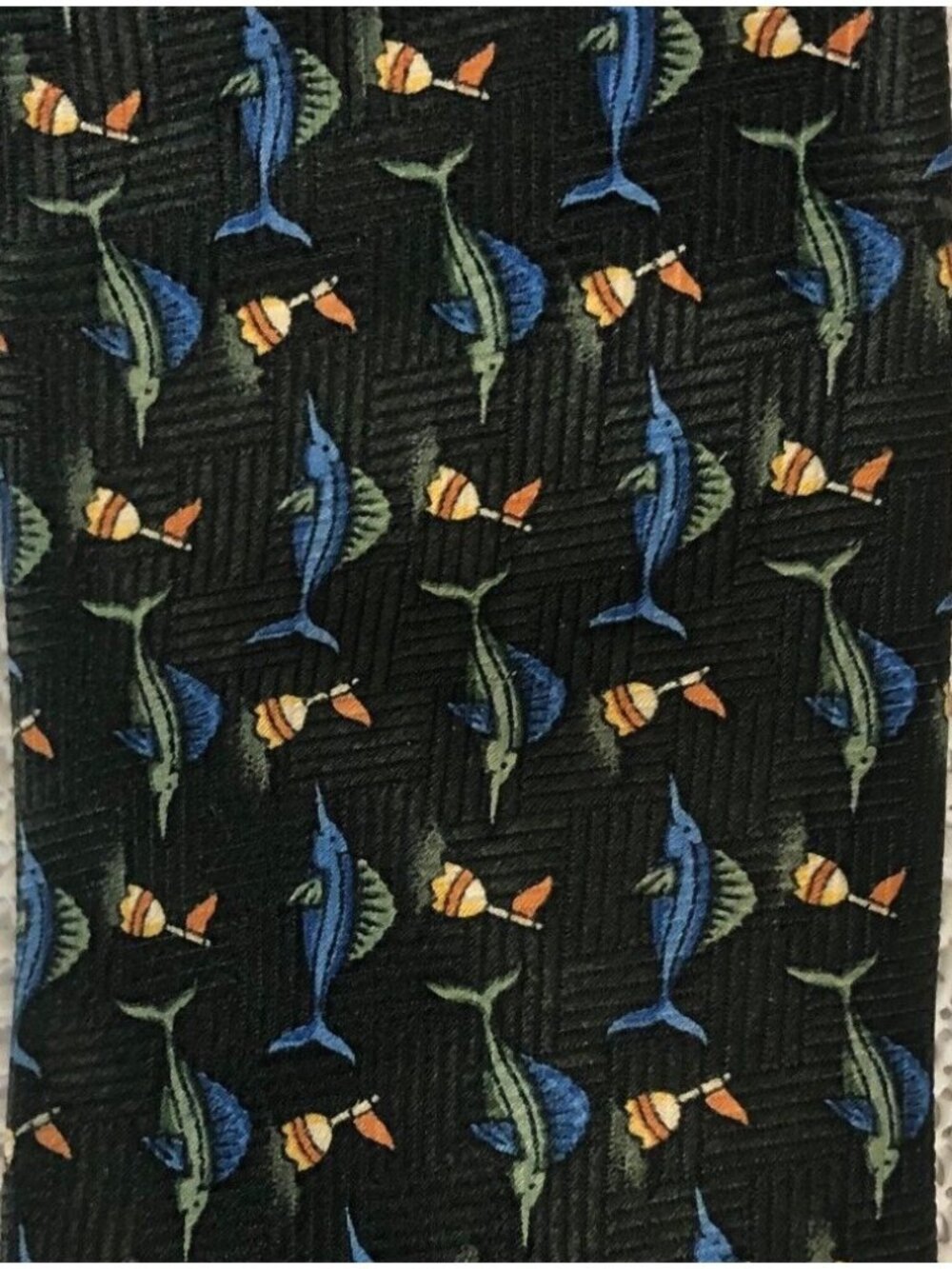 Mark Jason Neck Tie Black with Blue Marlin Fish 2.5 in Wide 48 in Long